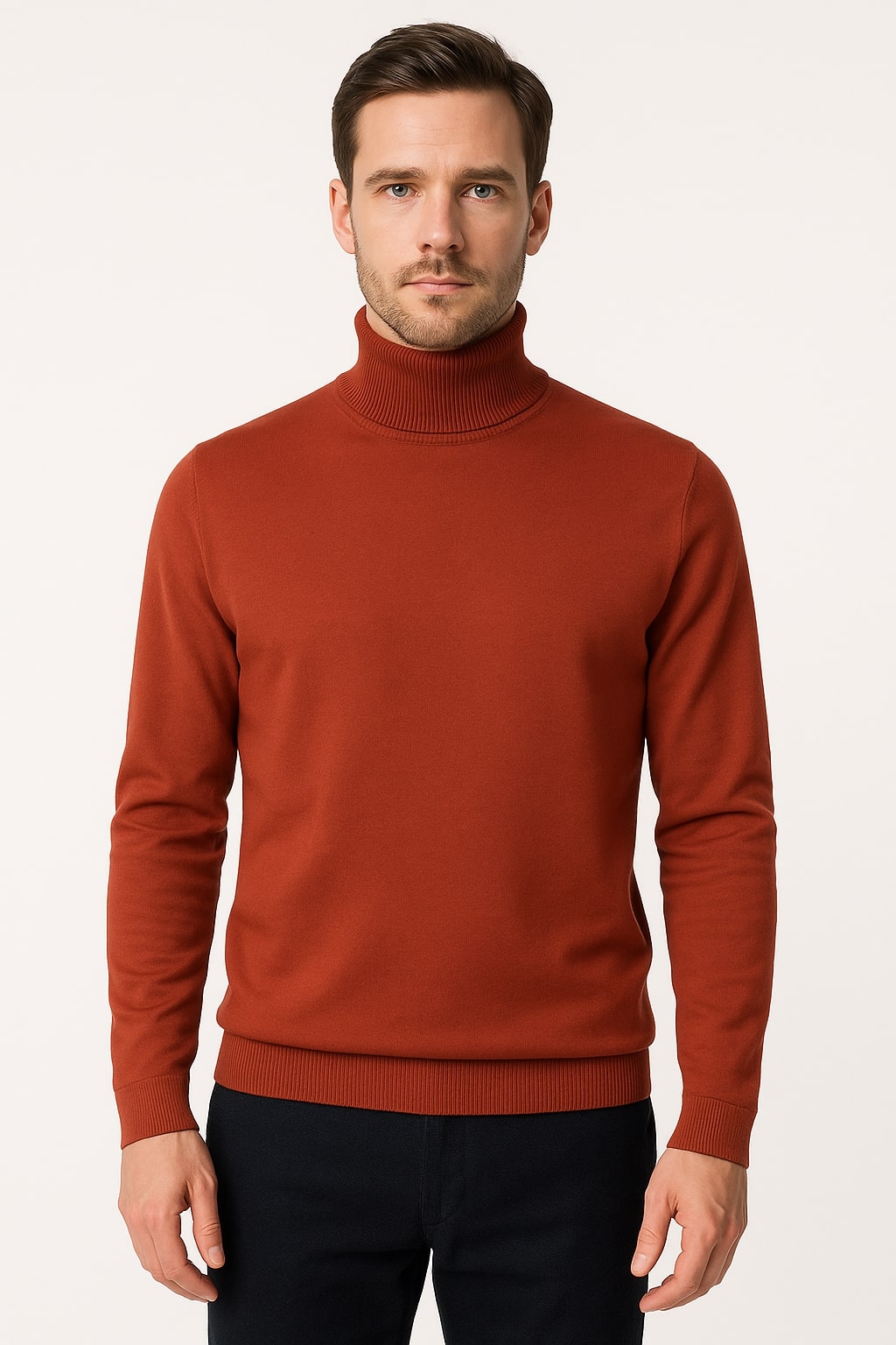 Mens Rust Red Turtleneck Sweater â€“ Slim fit Lightweight Knit Pullover in Brick Color