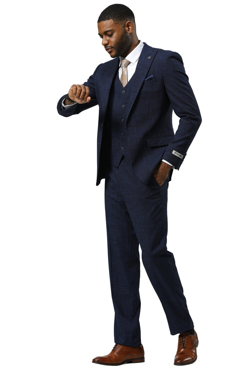 Men's Stacy Adams One Button Peak Lapel Vested Sharkskin Suit in Navy