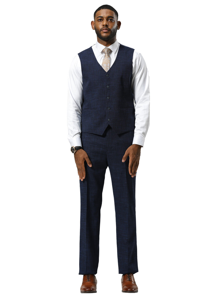 Men's Stacy Adams One Button Peak Lapel Vested Sharkskin Suit in Navy
