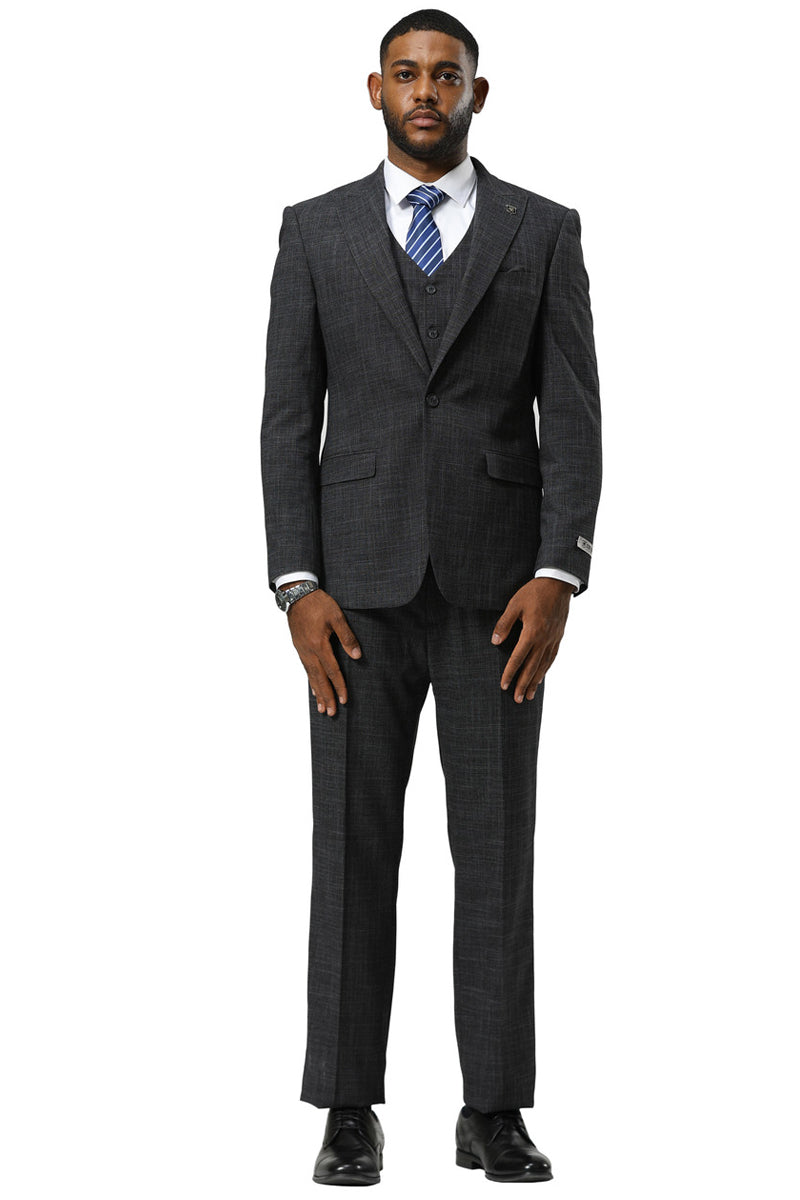 Men's Stacy Adams One Button Peak Lapel Vested Sharkskin Suit in Charcoal