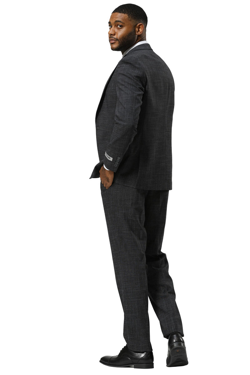 Men's Stacy Adams One Button Peak Lapel Vested Sharkskin Suit in Charcoal