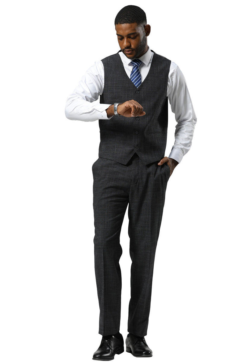 Men's Stacy Adams One Button Peak Lapel Vested Sharkskin Suit in Charcoal