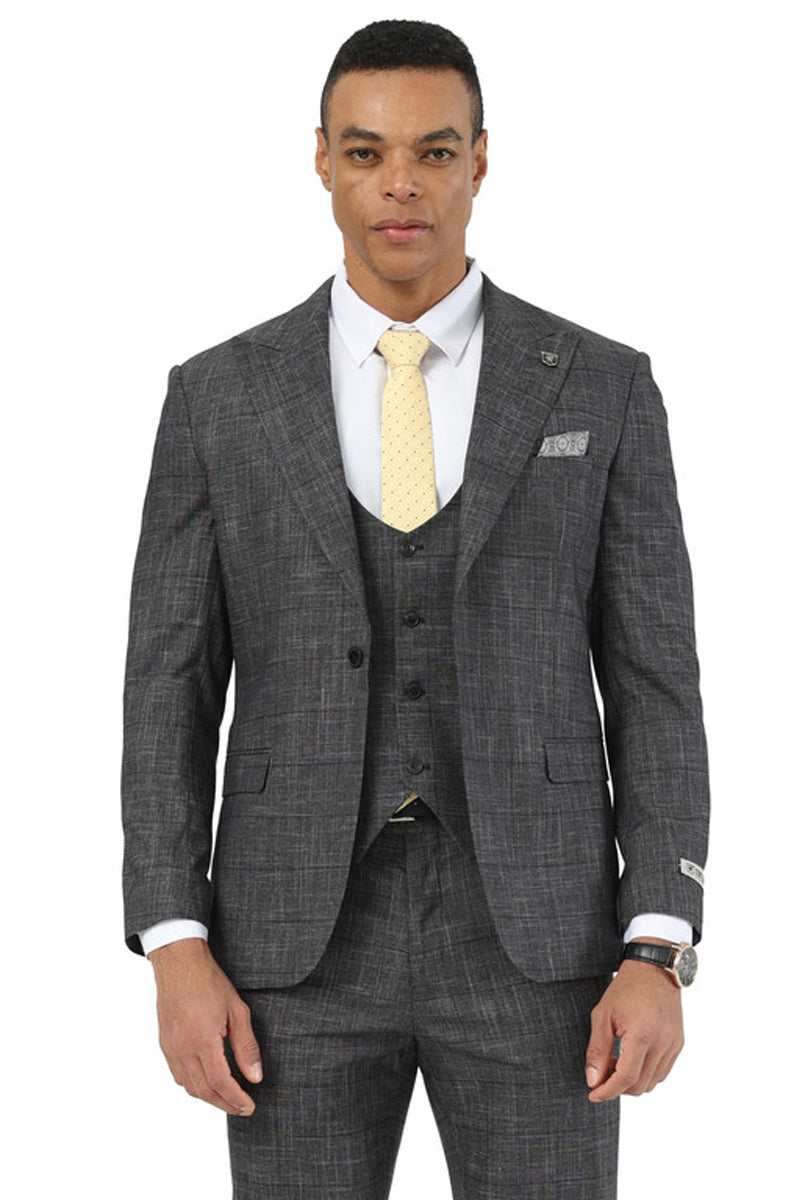 Men's Stacy Adams One Button Peak Lapel Vested Suit in Black Sharkskin Windowpane