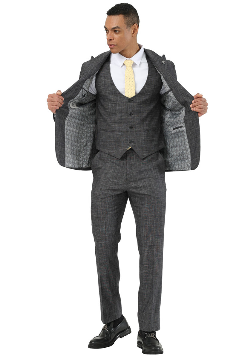 Men's Stacy Adams One Button Peak Lapel Vested Suit in Black Sharkskin Windowpane