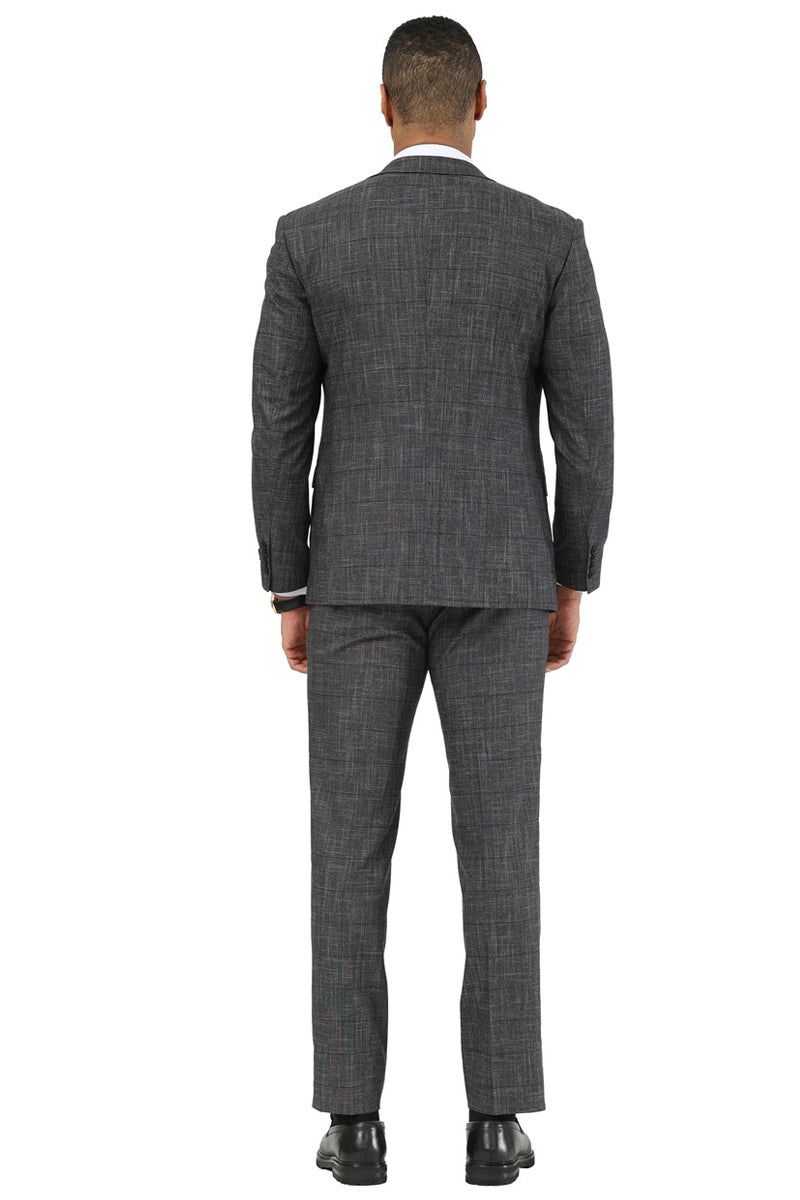 Men's Stacy Adams One Button Peak Lapel Vested Suit in Black Sharkskin Windowpane