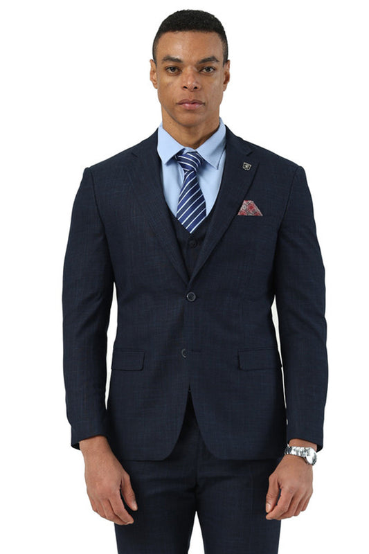 Men's Designer Stacy Adams Vested Suit in Navy Blue Sharkskin Weave