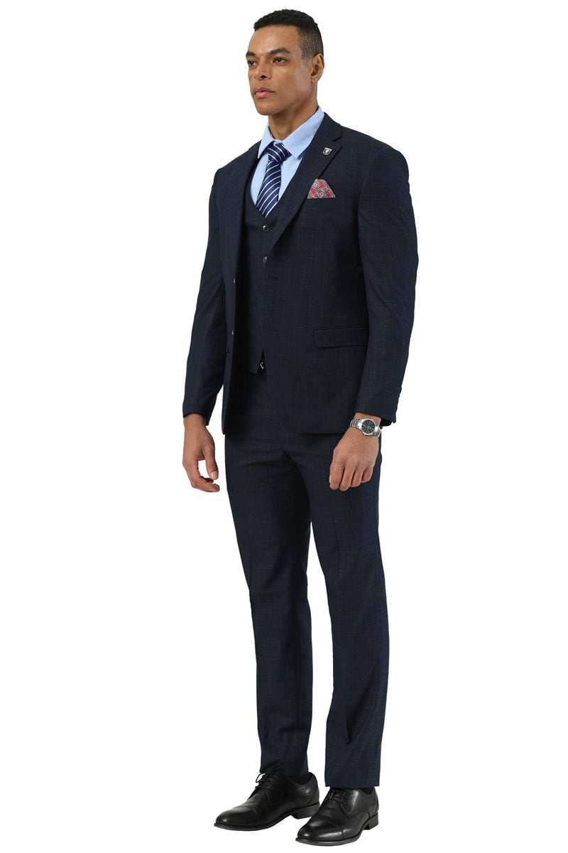 Men's Designer Stacy Adams Vested Suit in Navy Blue Sharkskin Weave