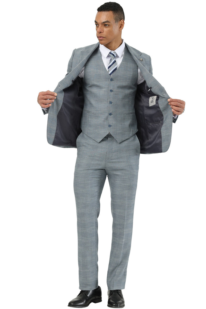Men's Stacy Adams Vested Sharkskin Pattern Business Suit in Light Grey