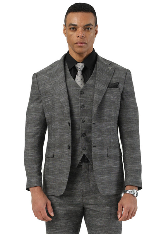 Men's Stacy Adams Vested Sharkskin Pattern Business Suit in Charcoal Grey
