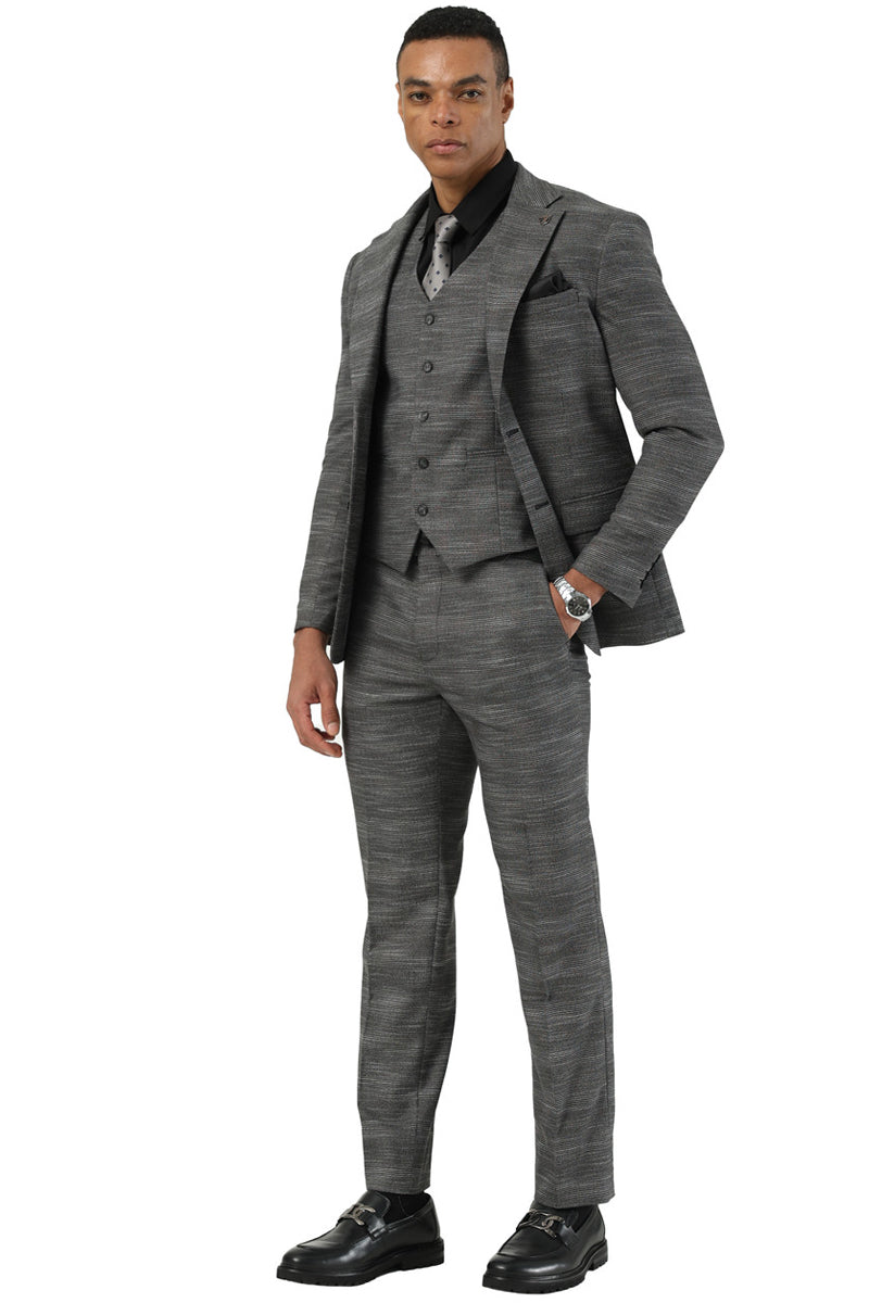 Men's Stacy Adams Vested Sharkskin Pattern Business Suit in Charcoal Grey