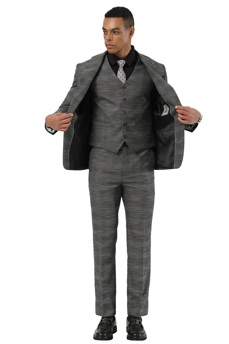 Men's Stacy Adams Vested Sharkskin Pattern Business Suit in Charcoal Grey