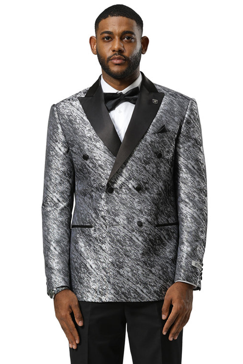 Men's Stacy Adams Double Breasted Wedding & Prom Tuxedo Jacket in Textured Shiny Silver Sharkskin