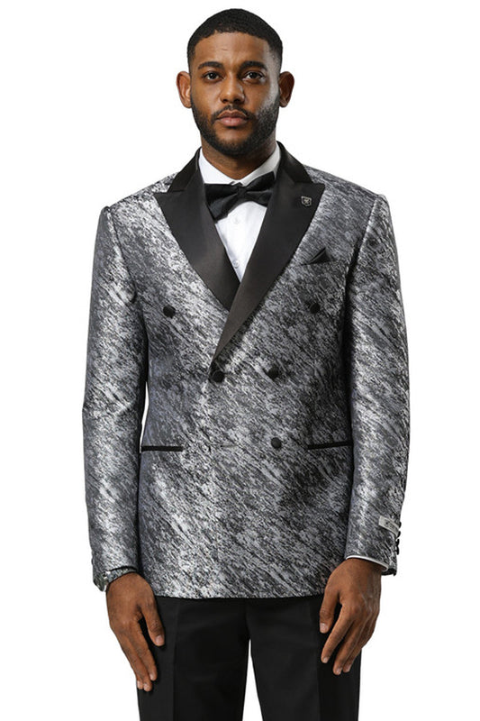 Men's Stacy Adams Double Breasted Wedding & Prom Tuxedo Jacket in Textured Shiny Silver Sharkskin
