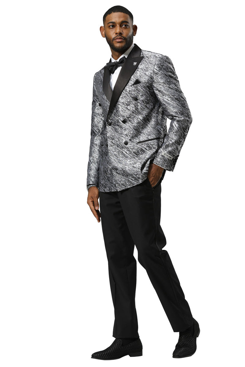 Men's Stacy Adams Double Breasted Wedding & Prom Tuxedo Jacket in Textured Shiny Silver Sharkskin