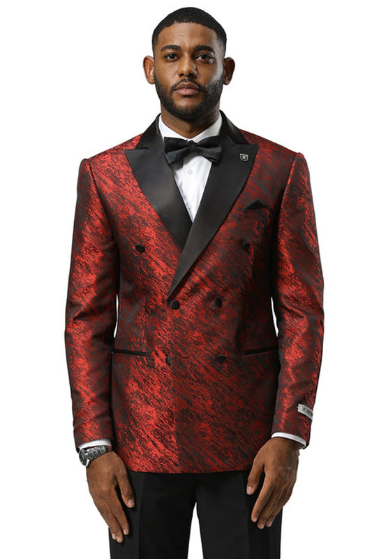 Men's Stacy Adams Double Breasted Wedding & Prom Tuxedo Jacket in Textured Shiny Red Sharkskin