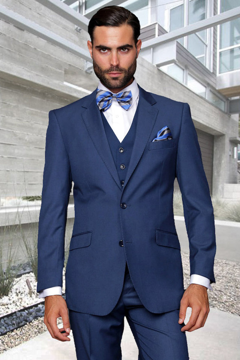 Men's Modern Fit Designer Vested Extra Long Wool Suit in Indigo Blue