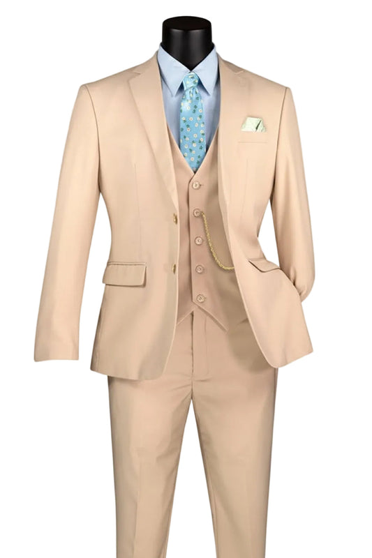 Slim Fit Men's Suit 3 Piece 2 Button in Light Beige