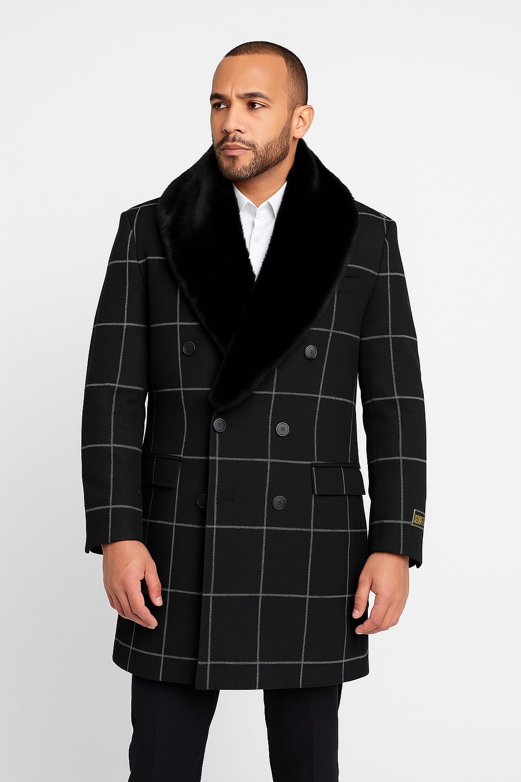 Mens Black Windowpane Wool Overcoat with Faux Fur Shawl Collar â€“ Double-Breasted Long Coat
