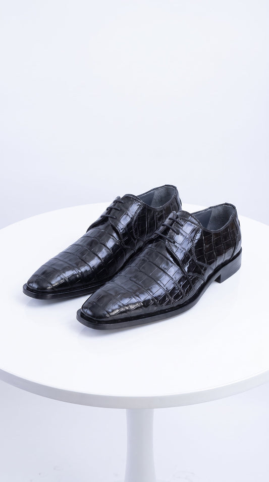 Men’s Original Exotic Caiman Belly Skin Shoes ZV088205, Black Lace-Up Formal Dress Shoes