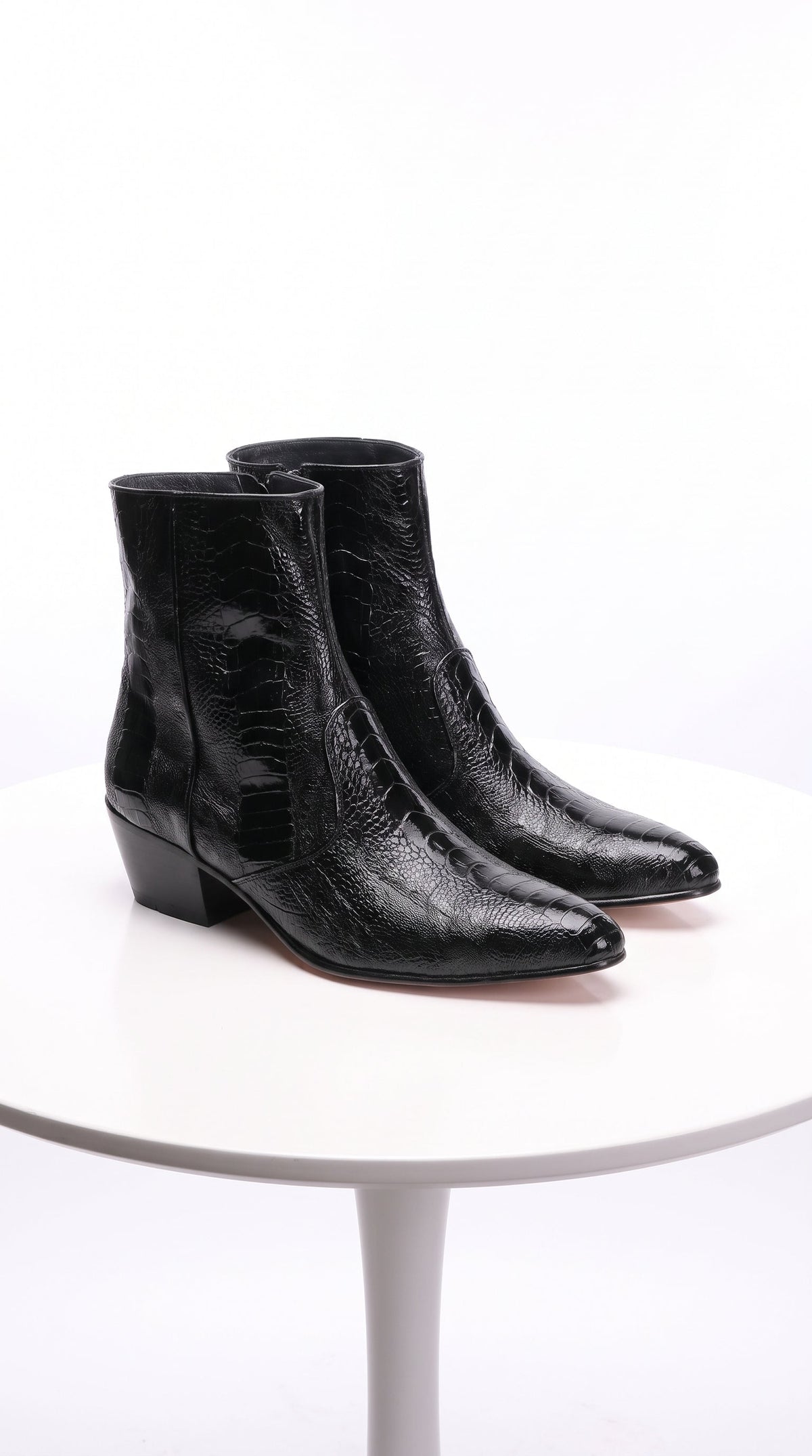 Los Altos Men’s Black Ostrich Ankle Dress Boots, Genuine Exotic Higher Heel Dress Boots