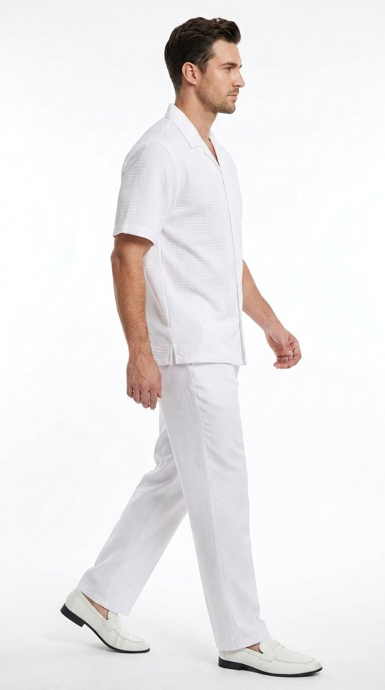 Men’s White Walking Suit, Casual Short Sleeve Shirt and Pants Summer Set