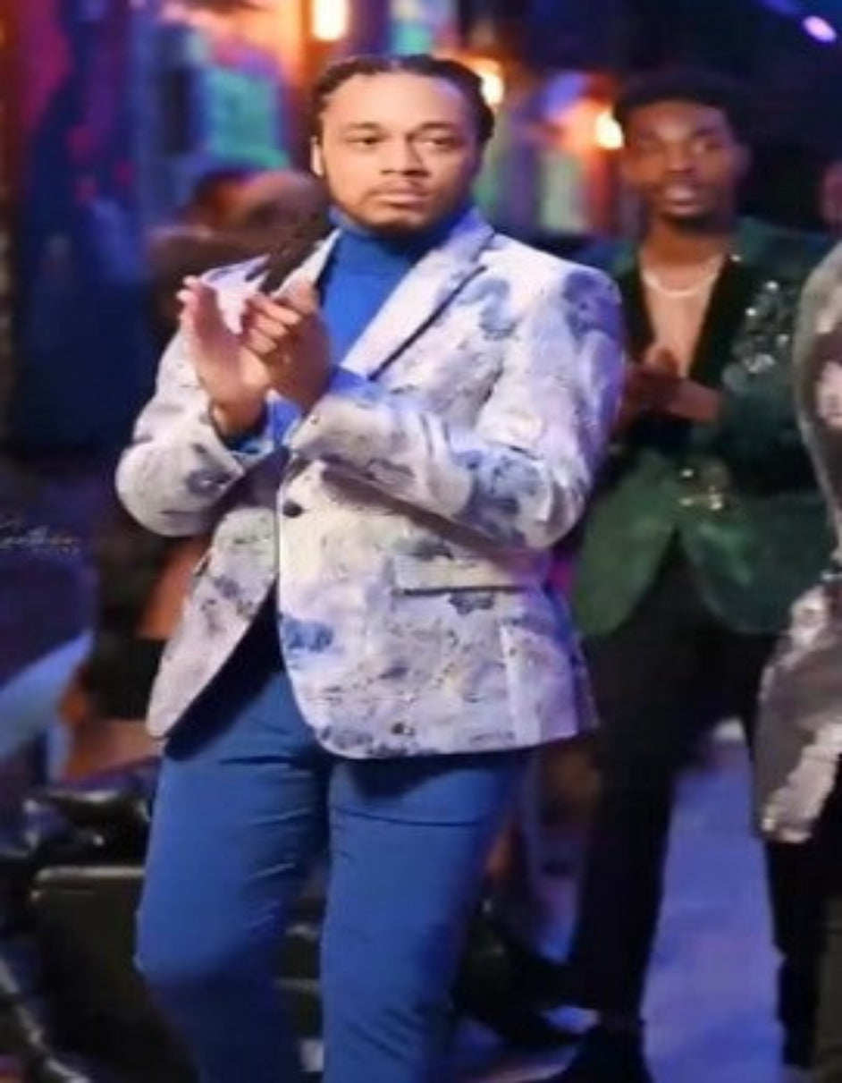 Silver Grey and Blue Paisley Tuxedo Dinner Jacket - White and Royal Floral Prom Blazer