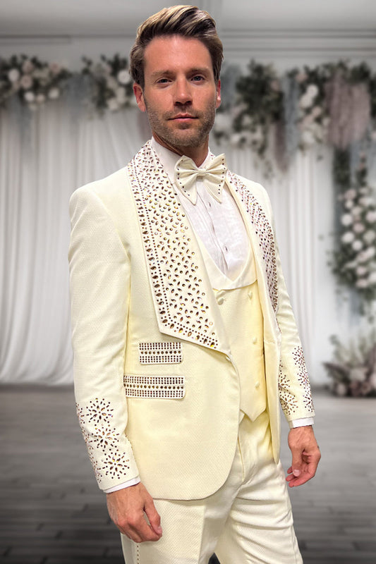 Men's Designer Vested Wool Studded Shawl Lapel Prom & Wedding Tuxedo in Off White Ivory