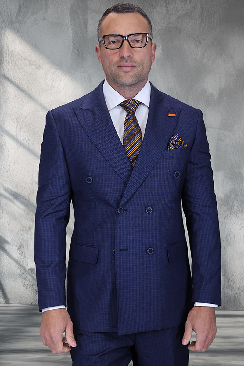 Men's Designer Double Breasted Wool Suit in indigo Blue Micro Plaid