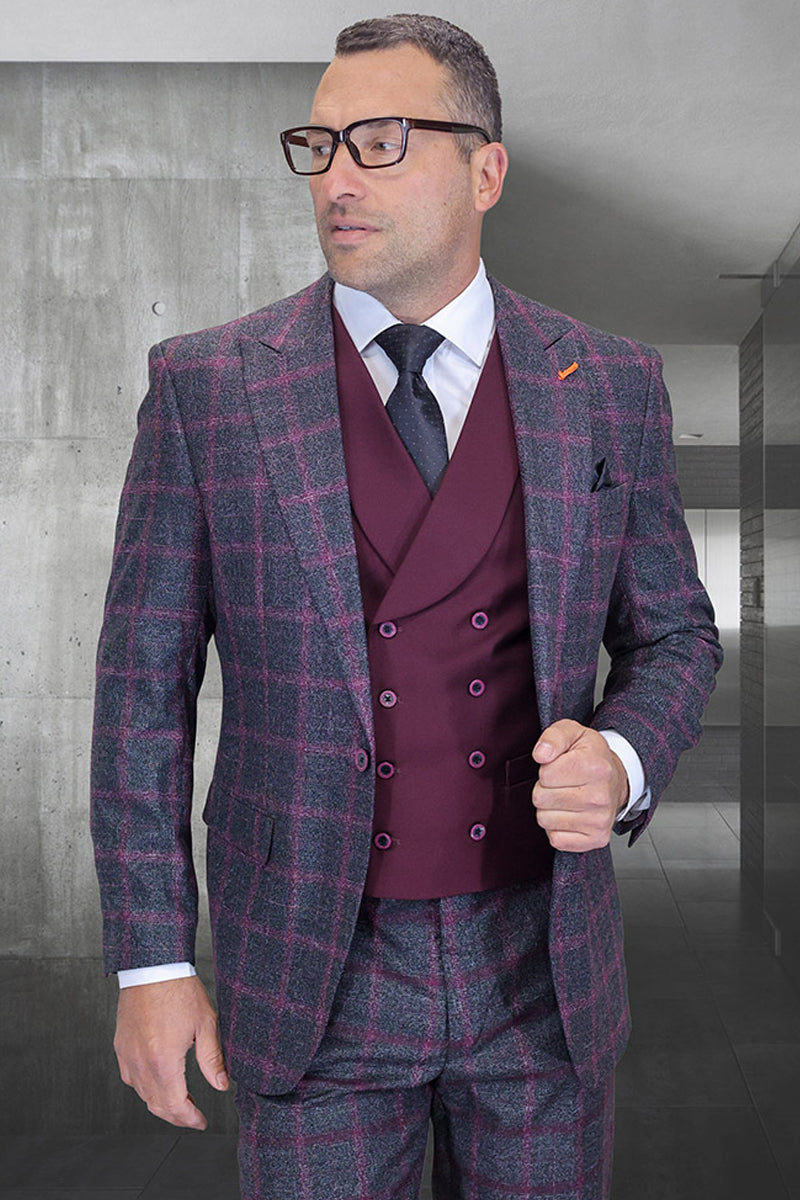 Men's Designer One Button Vested Wool Peak Lapel Suit in Black & Burgundy Windowpane Plaid