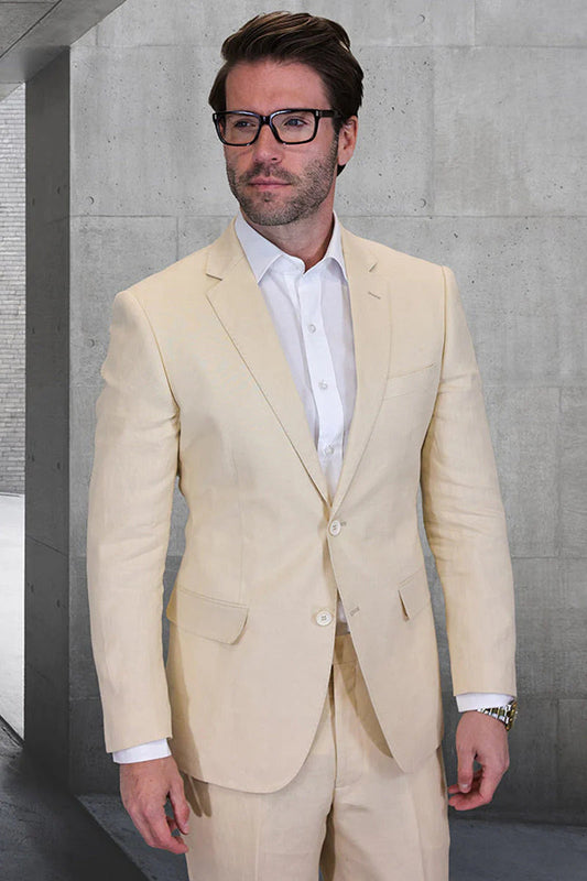Men's Designer Two Button Summer Linen Wedding Suit in Natural Tan