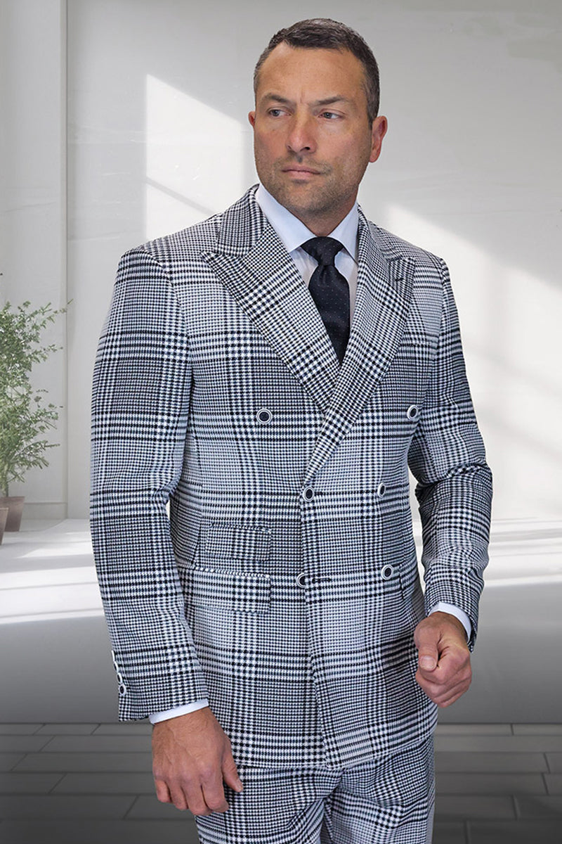 Men's Designer Wool Double Breasted Suit in Natural Grey Houndstooth Glen Plaid