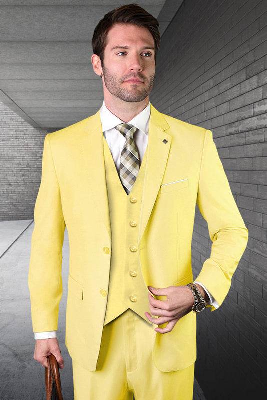 Men's Designer Vested Modern Fit Wool Business & Wedding Suit in Yellow