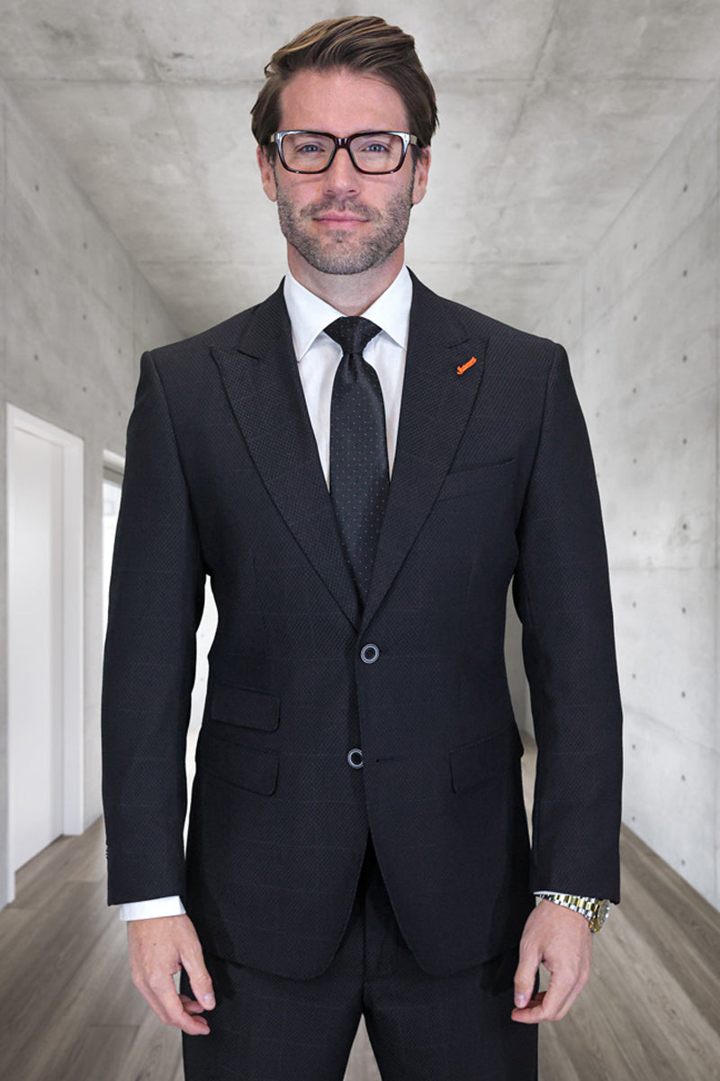 Men's Designer Two Button Peak Lapel Wool Suit in Black Windowpane Plaid