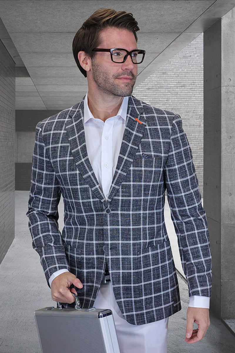 Men's Modern Fit Patch Pocket Designer Wool Summer Blazer in Black Windowpane Plaid