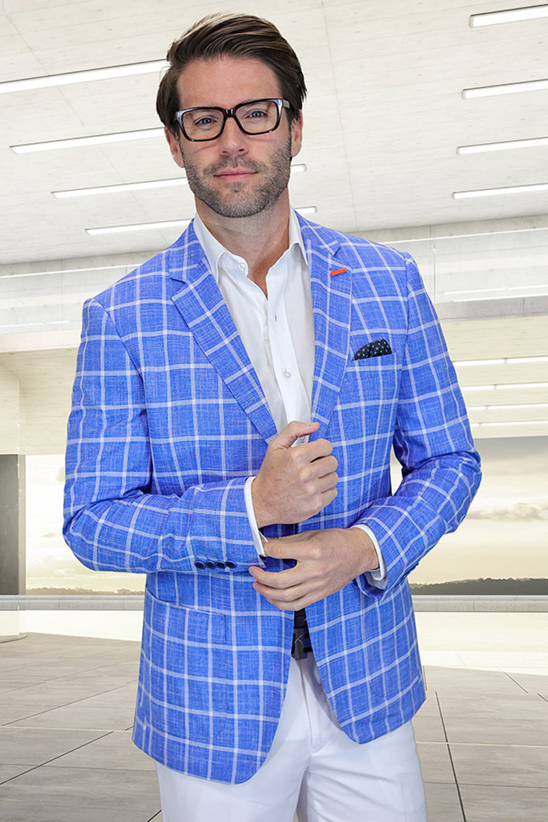 Men's Modern Fit Patch Pocket Designer Wool Summer Blazer in Steel Blue Windowpane Plaid