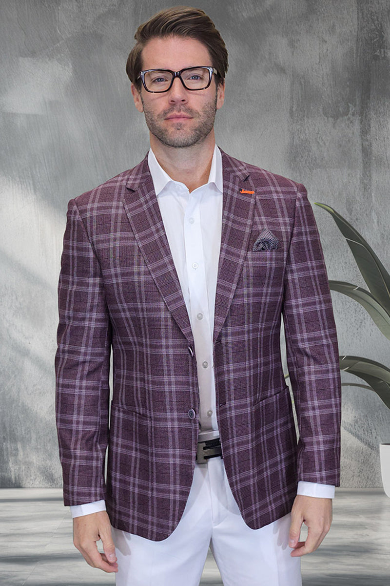 Men's Modern Fit Patch Pocket Designer Wool Summer Blazer in Burgundy Windowpane Plaid