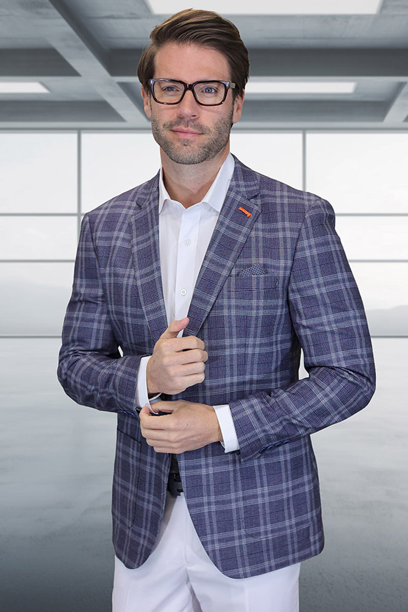 Men's Modern Fit Patch Pocket Designer Wool Summer Blazer in Eggplant Windowpane Plaid