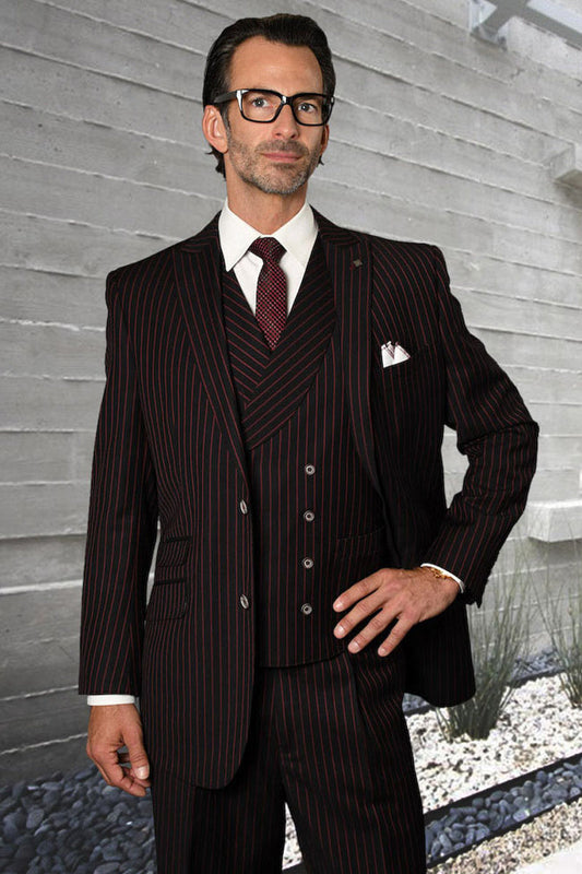 Men's Designer Wool Pleated Pant Vested Suit in Bold Black & Red Gangster Pinstripe
