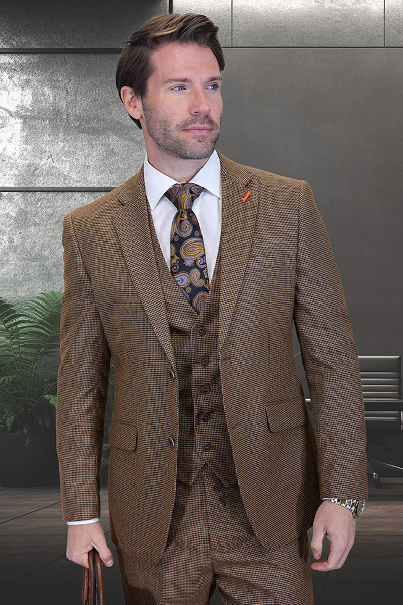 Men's Designer Vested Vintage Style Micro Plaid Wool Suit in Copper Brown