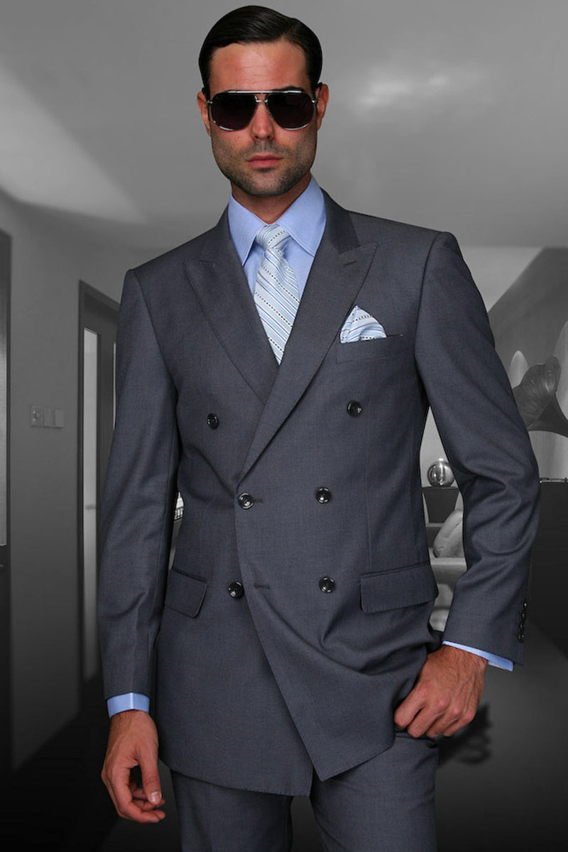 Men's Designer Double Breasted Wool Suit in Charcoal Grey
