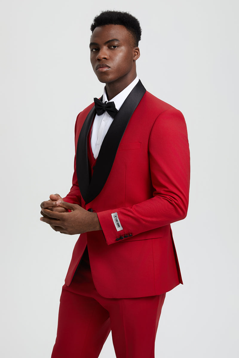 Men's Stacy Adams Vested One Button Shawl Lapel Designer Tuxedo in Red