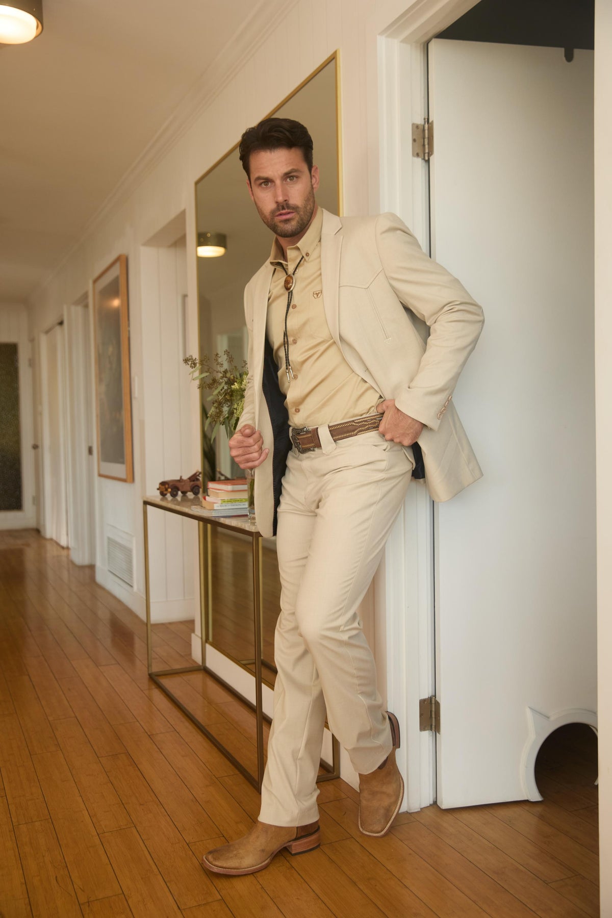 Men’s Beige Western Sport Coat Suit with Suede Elbow Patches