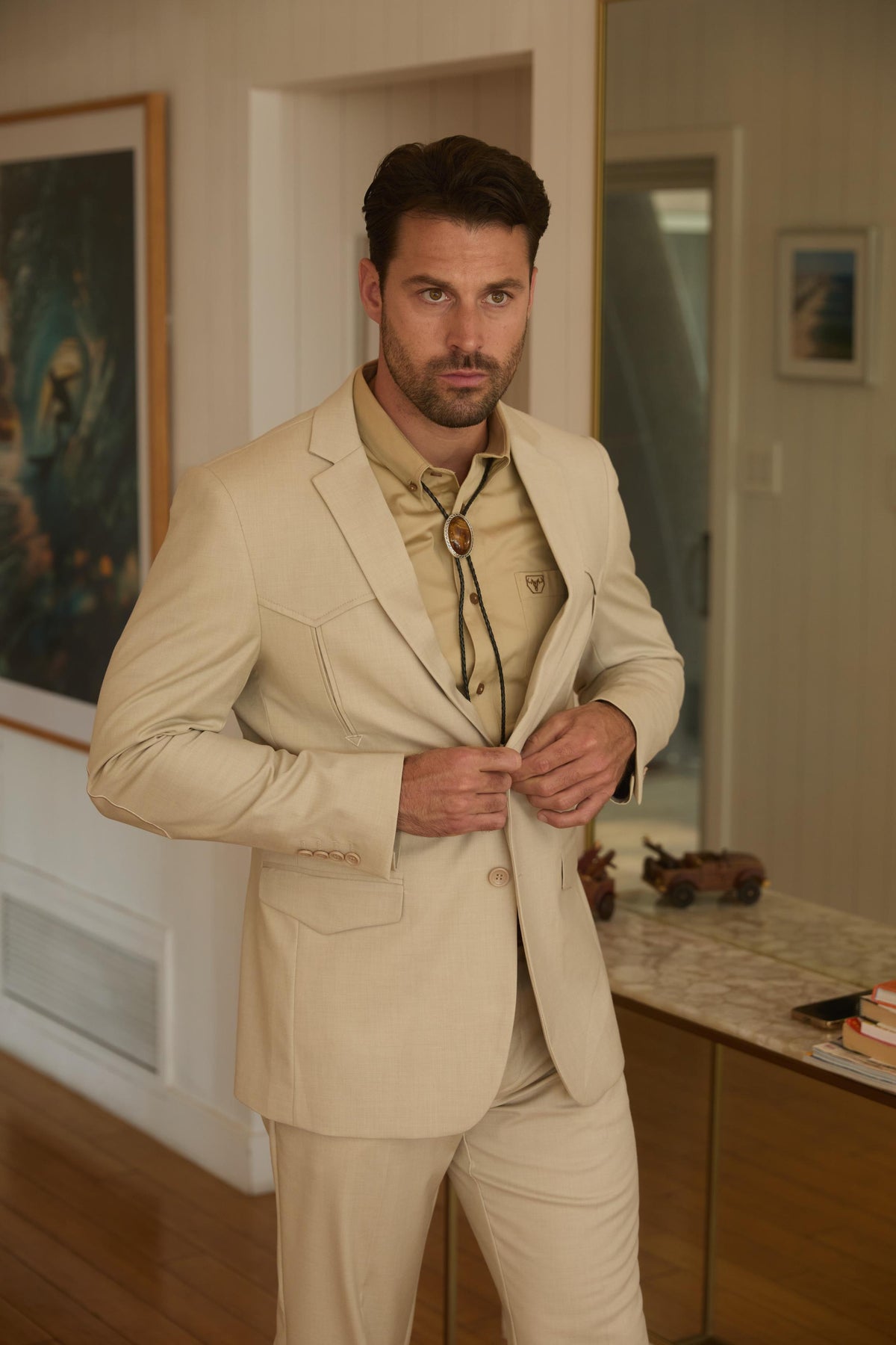 Men’s Beige Western Sport Coat Suit with Suede Elbow Patches