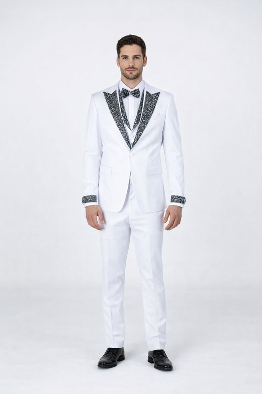 Mens White Peak Lapel Tuxedo with Stones Luxury 4-Piece Formal Suit