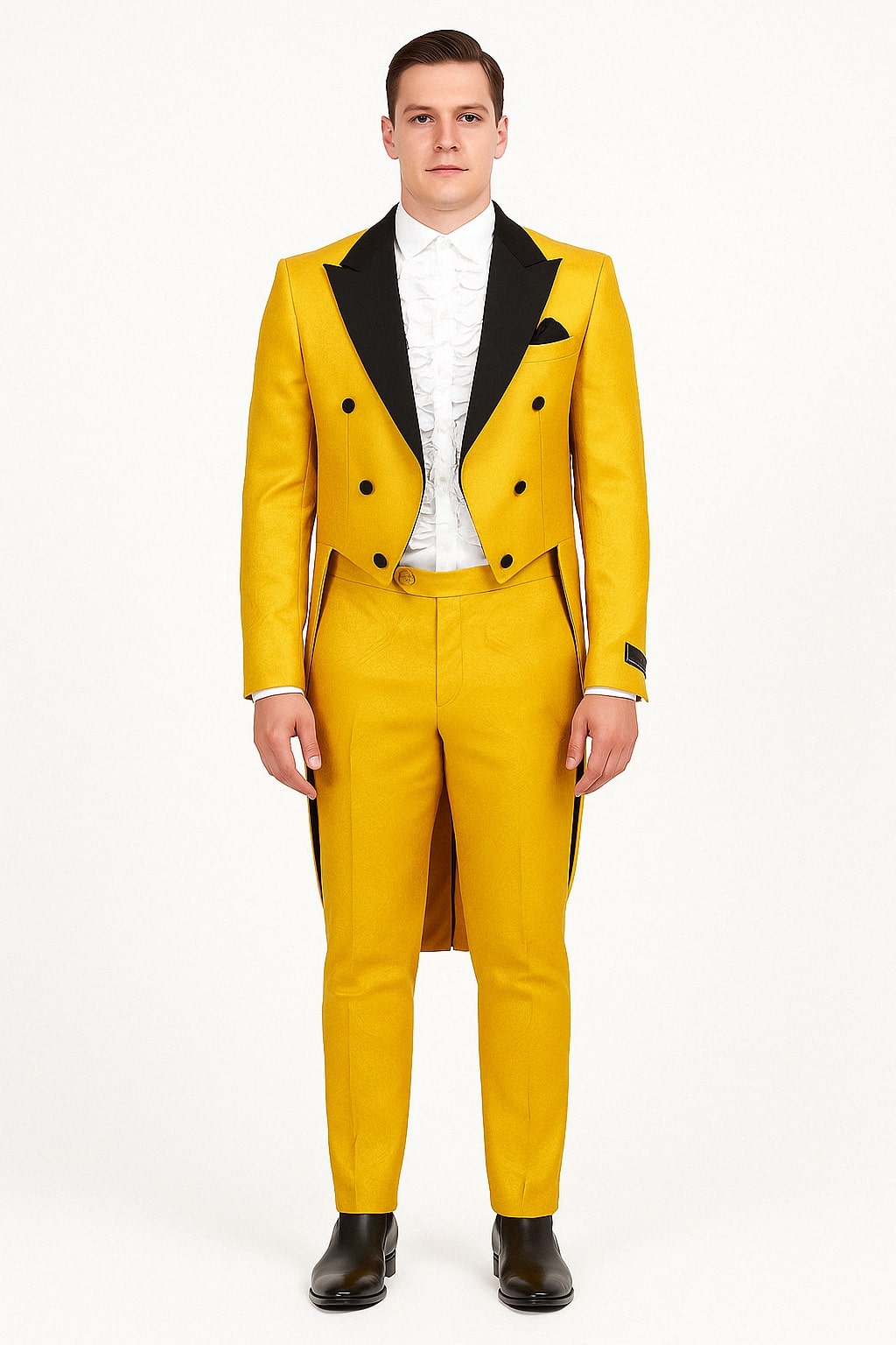 Mens Yellow Tailcoat Tuxedo with Black Lapel and Brocade Detailing Formal Vintage Style Suit