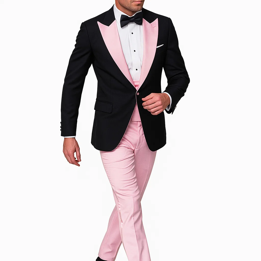 Black And Pink suit - Tuxedo Looking With Double Breasted Vest Peak Lapel 100% Wool
