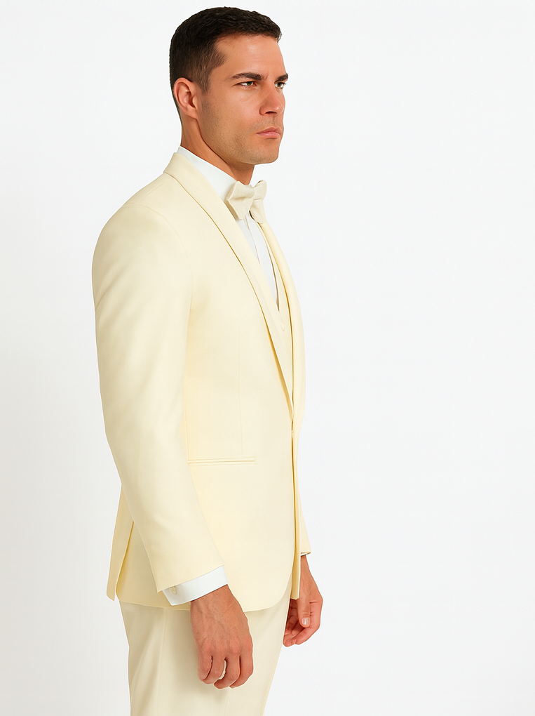 Mens Vested Shawl Lapel Tuxedo With Satin Trim in Ivory