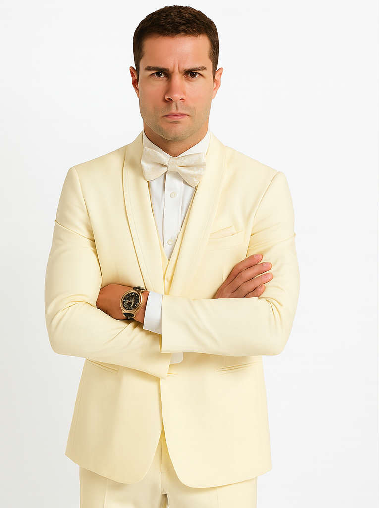 Mens Vested Shawl Lapel Tuxedo With Satin Trim in Ivory