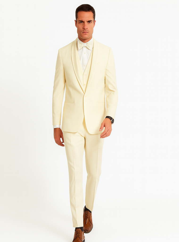 Mens Vested Shawl Lapel Tuxedo With Satin Trim in Ivory