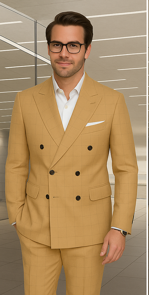 Wool Suit - Italian Made Business Suit by Statement Men's 100% Wool 2 Piece Double Breasted Suit - Subtle Windowpane